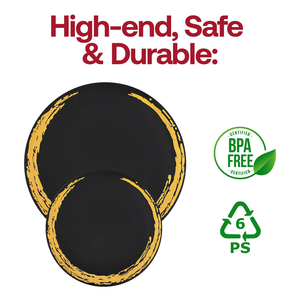 Black with Gold Moonlight Round Disposable Plastic Dinnerware Value Set