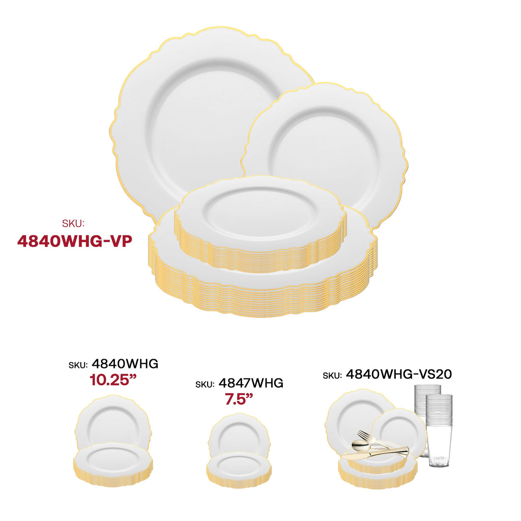 White with Gold Rim Round Blossom Disposable Plastic Dinnerware Value Set