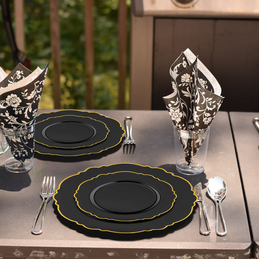Black with Gold Rim Round Blossom Disposable Plastic Appetizer/Salad Plates (7.5")