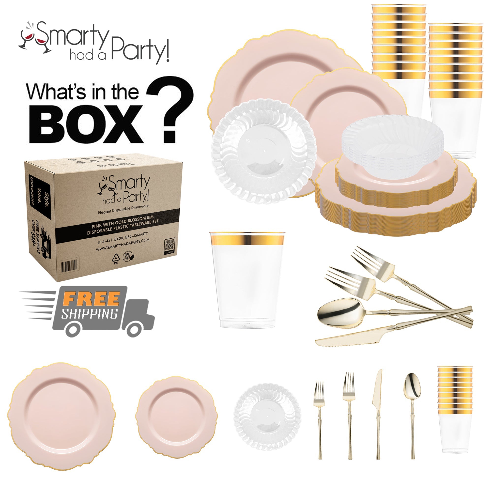 Pink with Gold Blossom Rim Disposable Plastic Tableware Set
