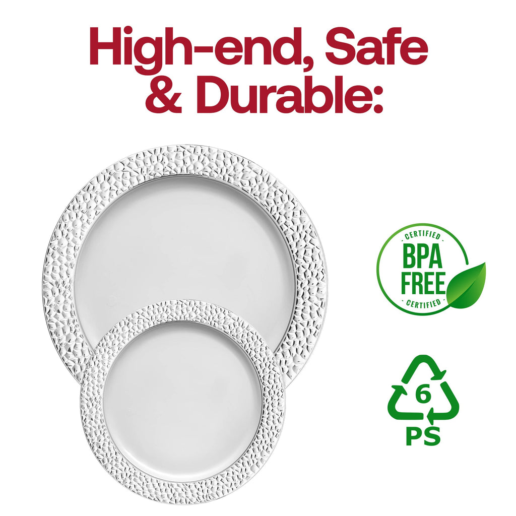 White with Silver Hammered Rim Plastic Dinnerware Value Set
