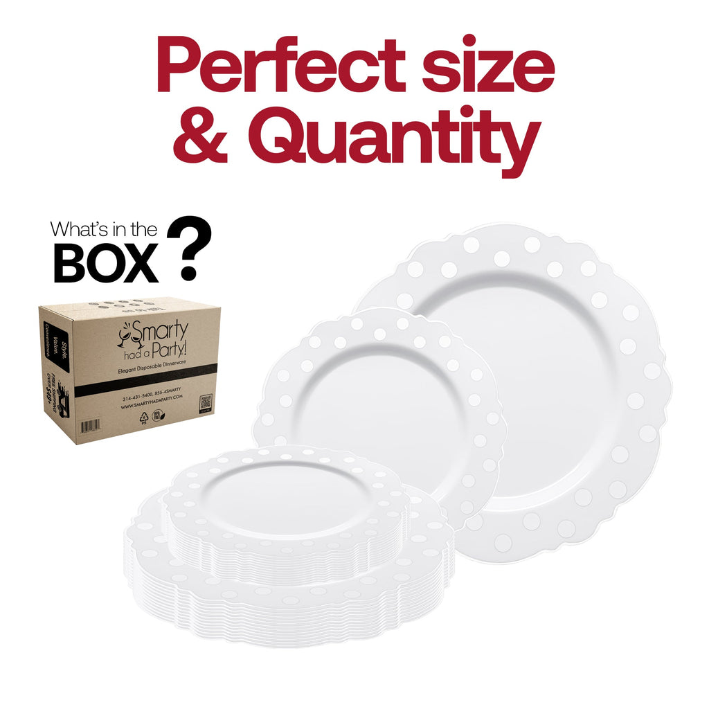 White with Silver Dots Round Blossom Disposable Plastic Dinnerware Value Set