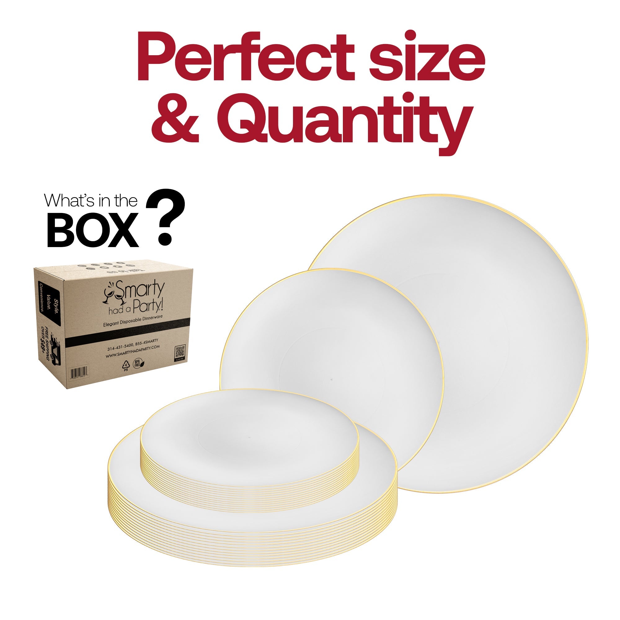 White Plastic Plates with Gold Rim - Organic Round Disposable Plastic Dinnerware Value Set