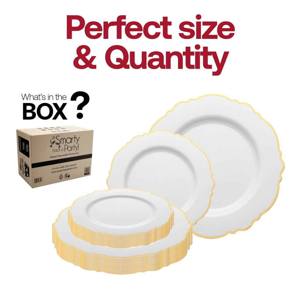 White with Gold Rim Round Blossom Disposable Plastic Dinnerware Value Set