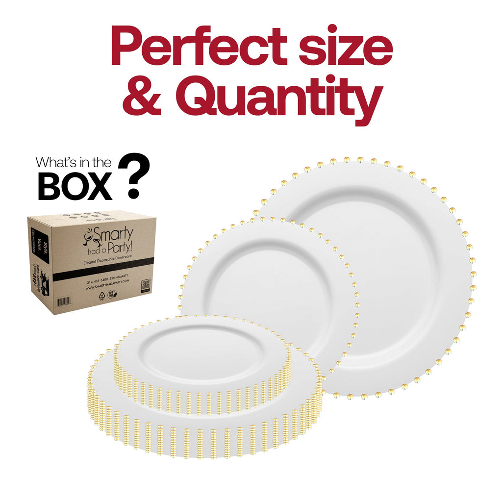 White with Gold Pearl String Round Disposable Plastic Dinnerware Value Set