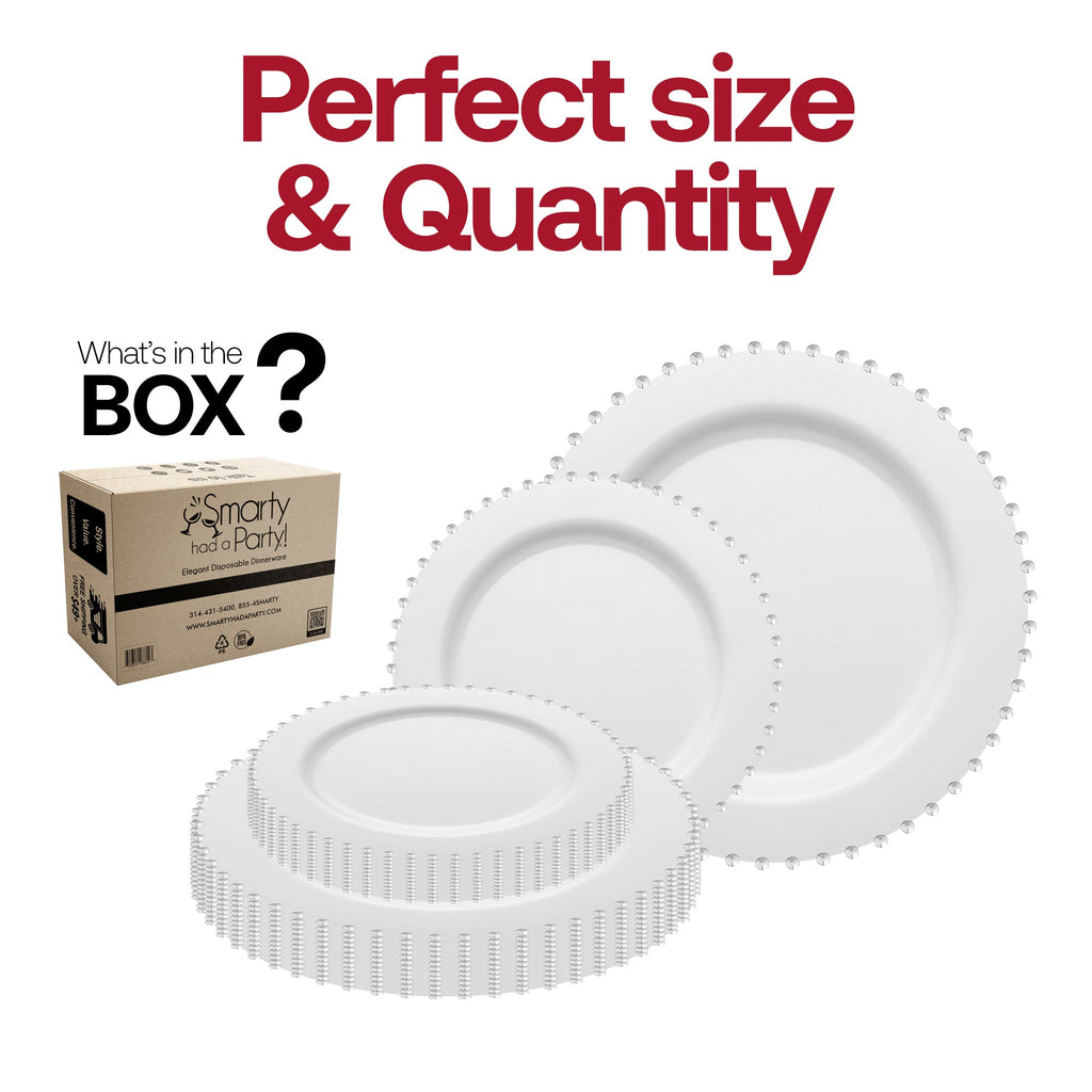 White with Silver Pearl String Round Disposable Plastic Dinnerware Value Set