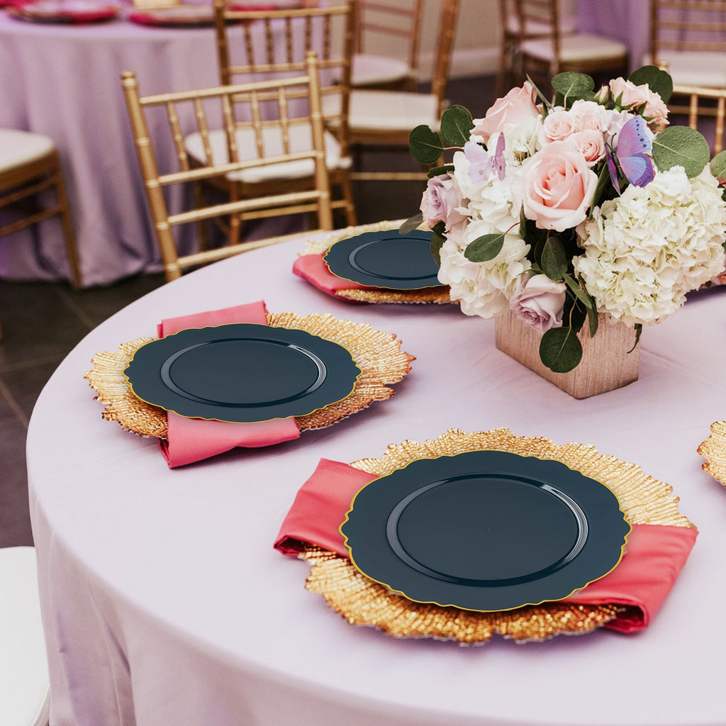 Navy with Gold Blossom Rim Disposable Plastic Tableware Set