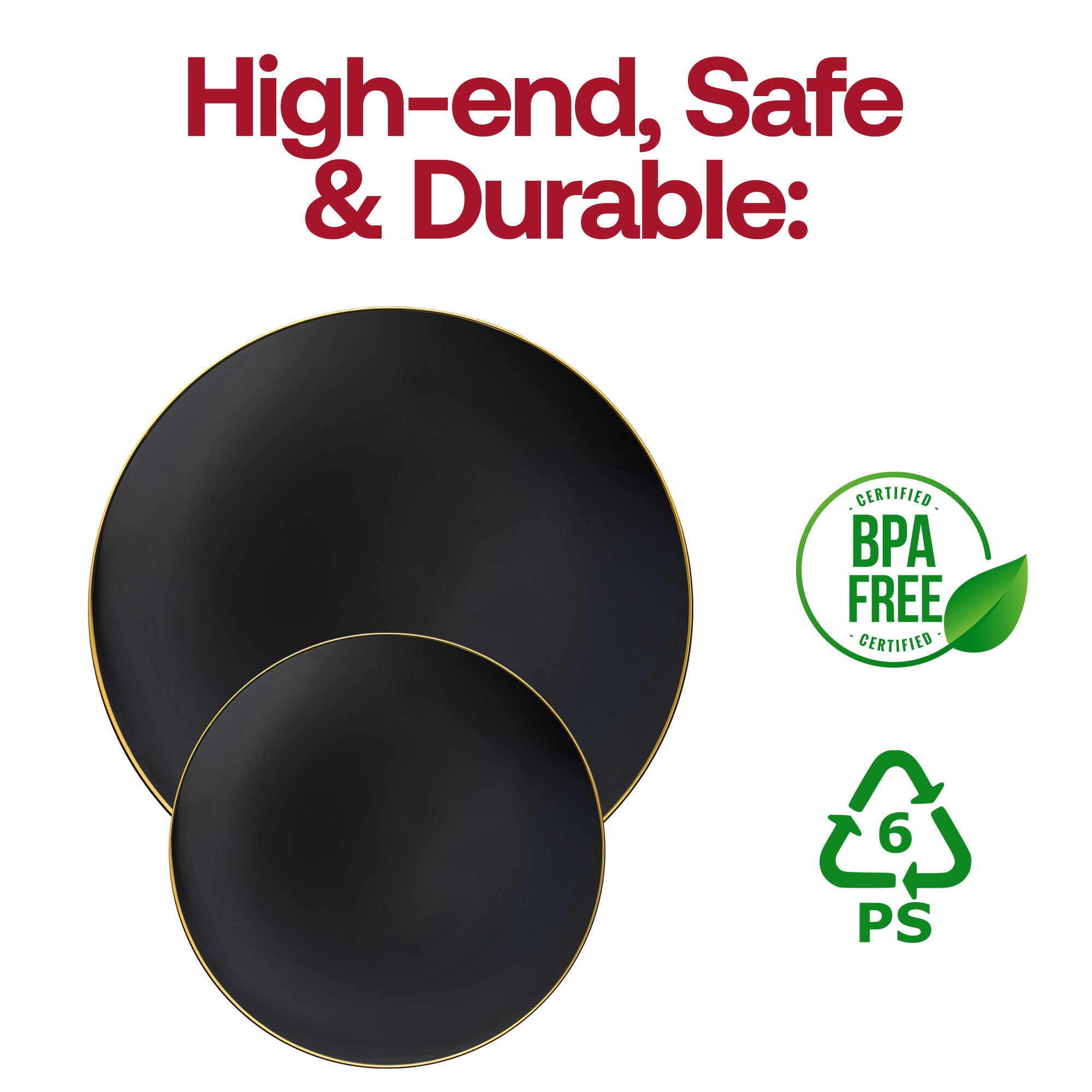 Black with Gold Rim Organic Round Disposable Plastic Dinner Plates (10.25")