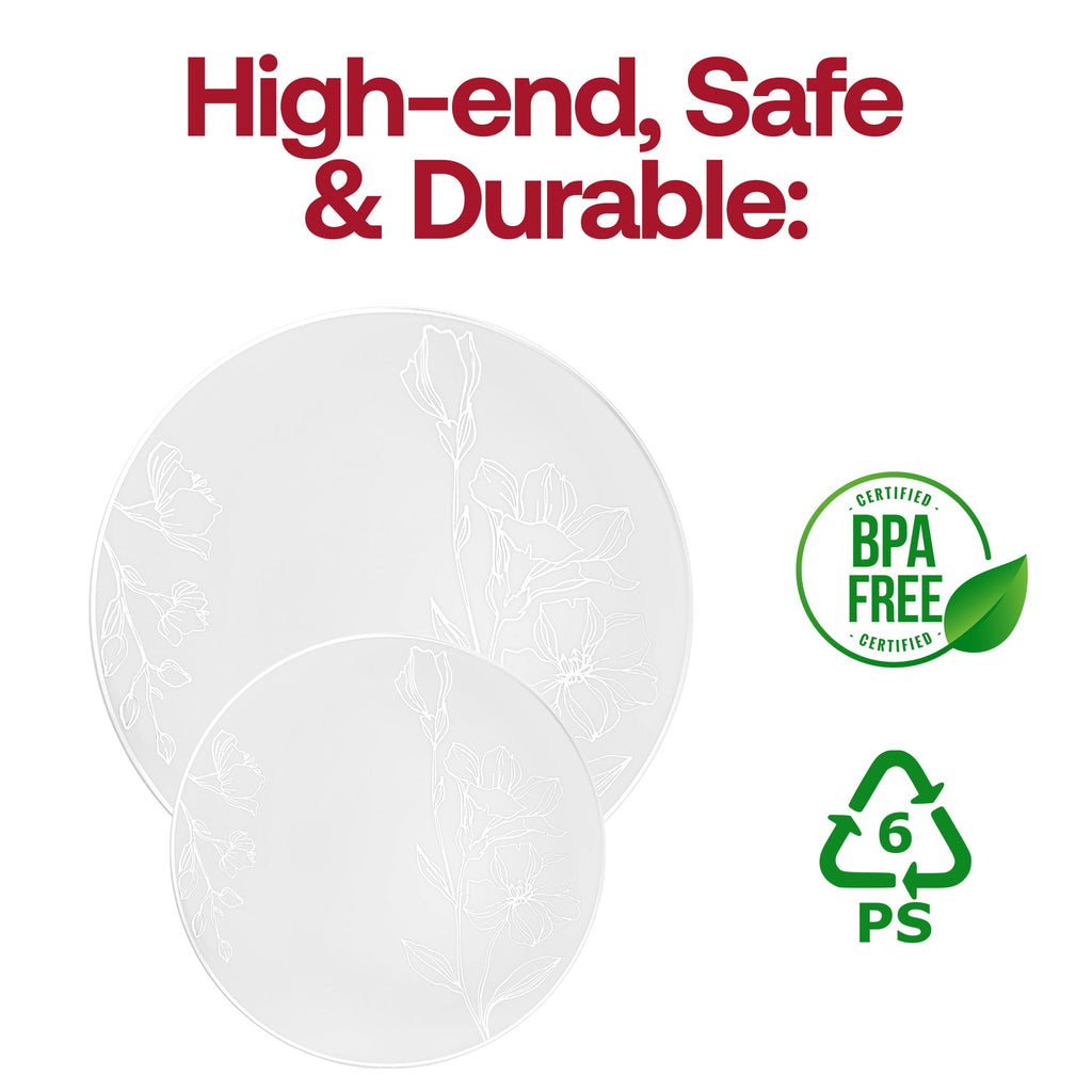 White with Silver Antique Floral Round Disposable Plastic Dinner Plates (10.25")