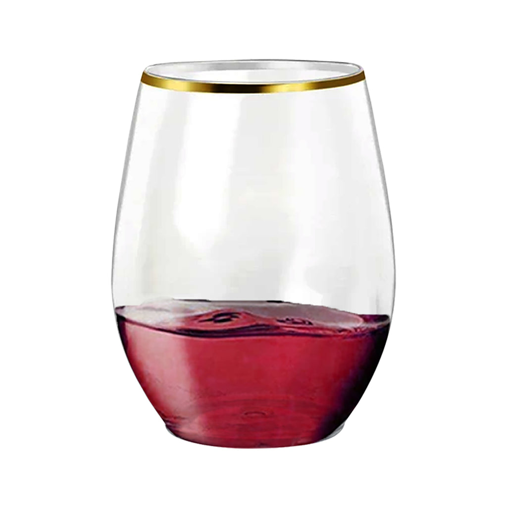 Clear with Gold Elegant Stemless Plastic Wine Glasses (12 oz. )