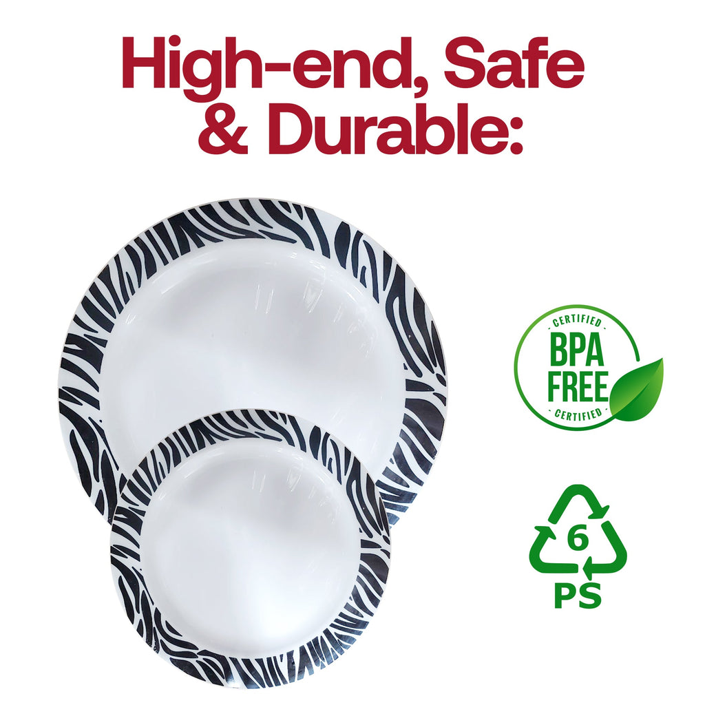 White with Black Zebra Design Round Disposable Plastic Appetizer/Salad Plates (7.5")