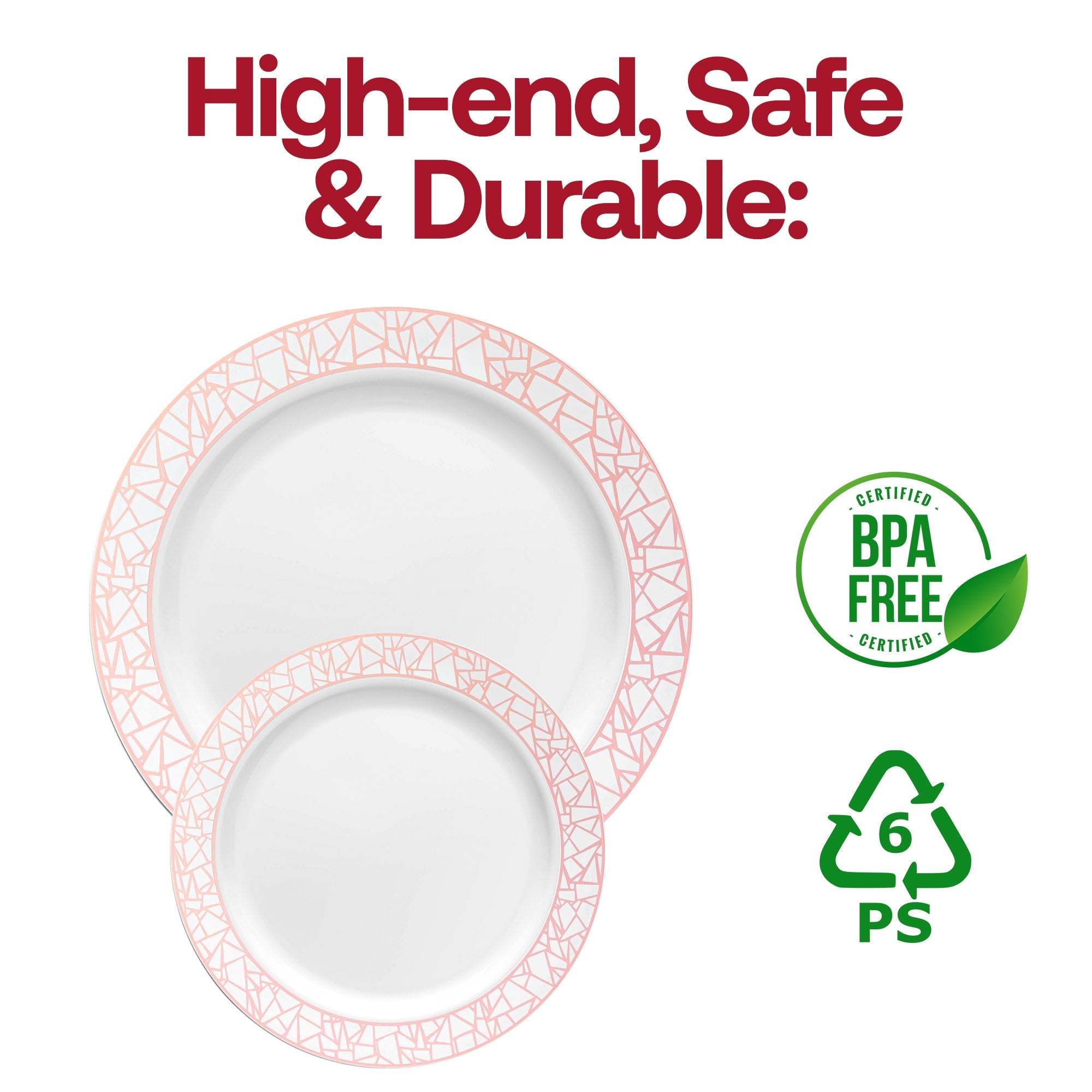 White with Silver and Rose Gold Mosaic Rim Round Plastic Appetizer/Salad Plates (7.5")