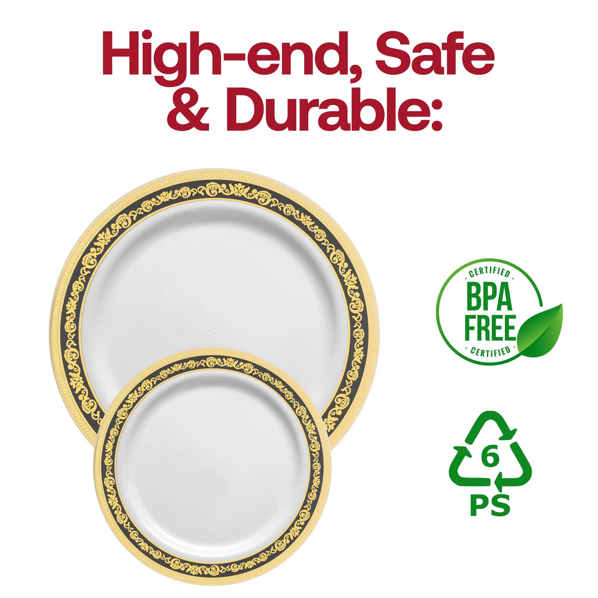 White with Black and Gold Royal Rim Plastic Appetizer/Salad Plates (7.5")
