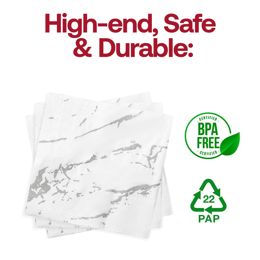 White with Silver Marble Paper Beverage/Cocktail Napkins