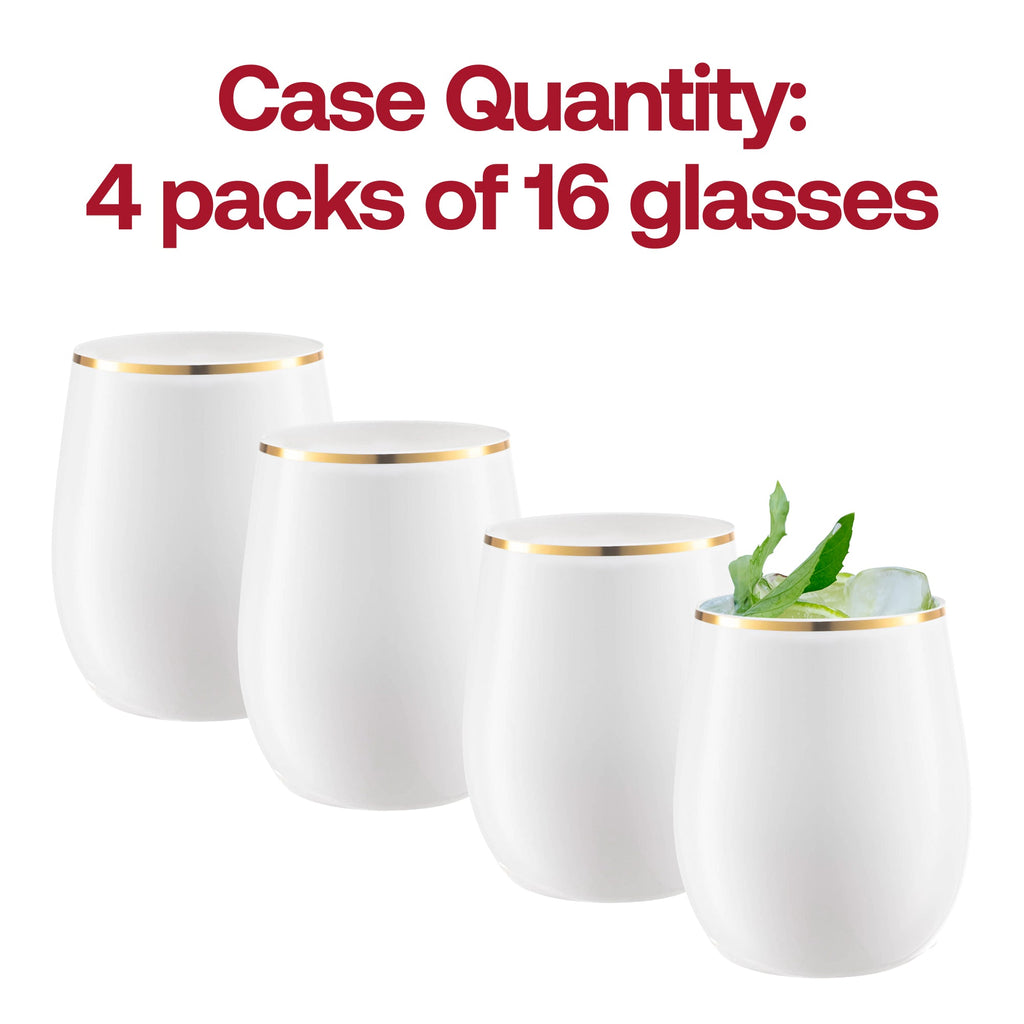 White with Gold Elegant Stemless Plastic Wine Glasses (12 oz. )