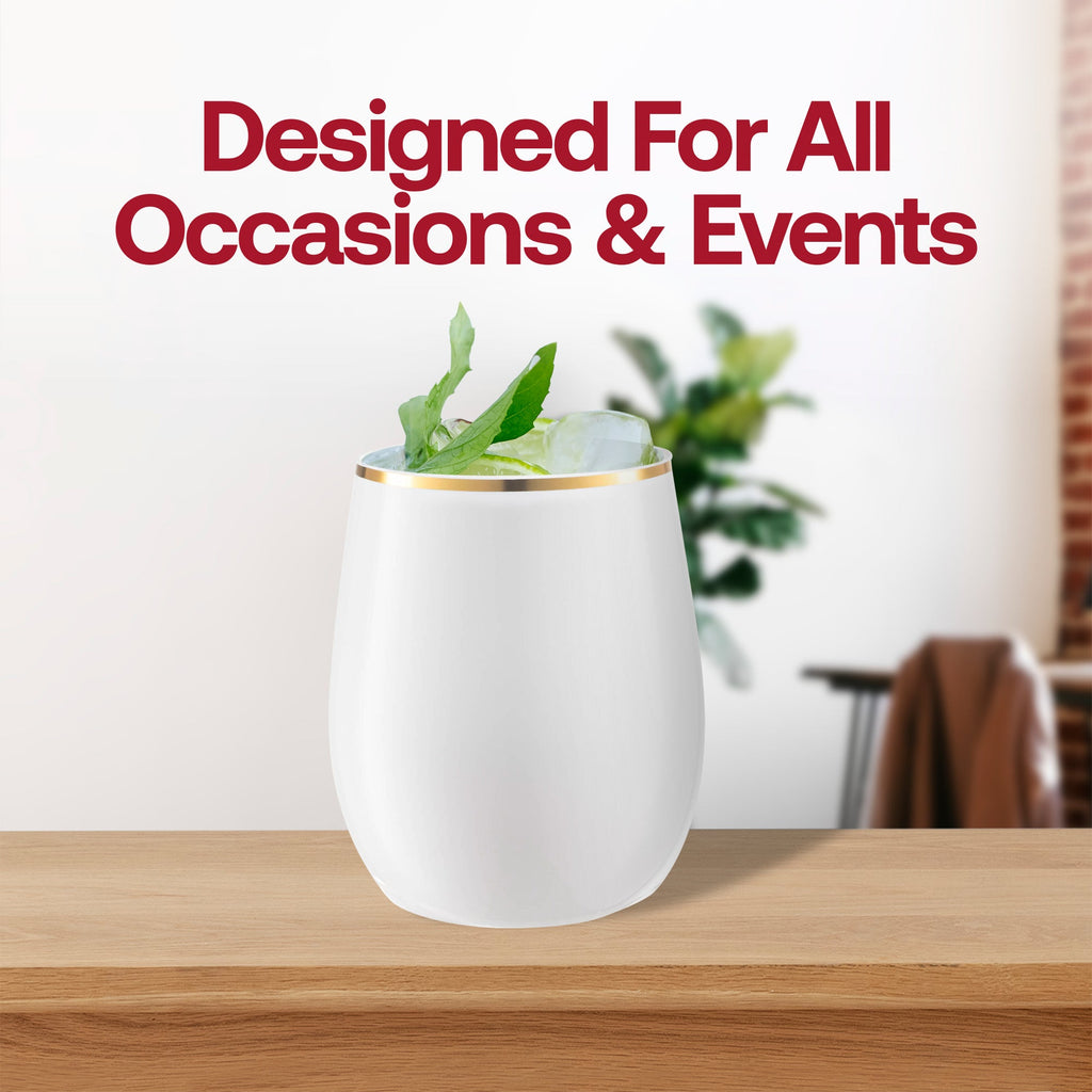 White with Gold Elegant Stemless Plastic Wine Glasses (12 oz. )