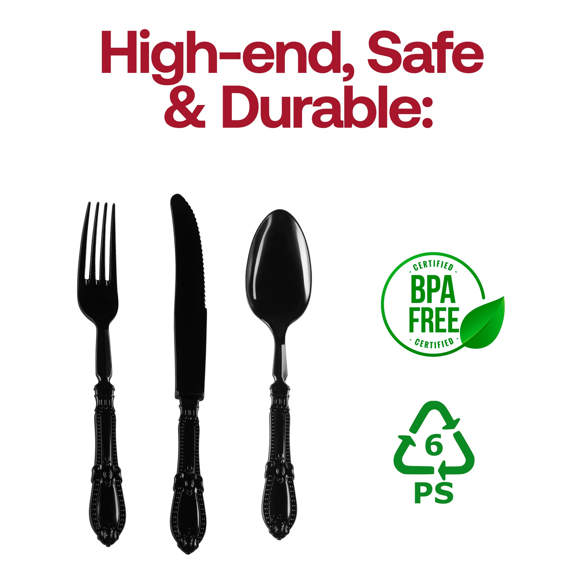 Black Baroque Disposable Plastic Cutlery Set - 20 Spoons, 20 Forks and 20 Knives