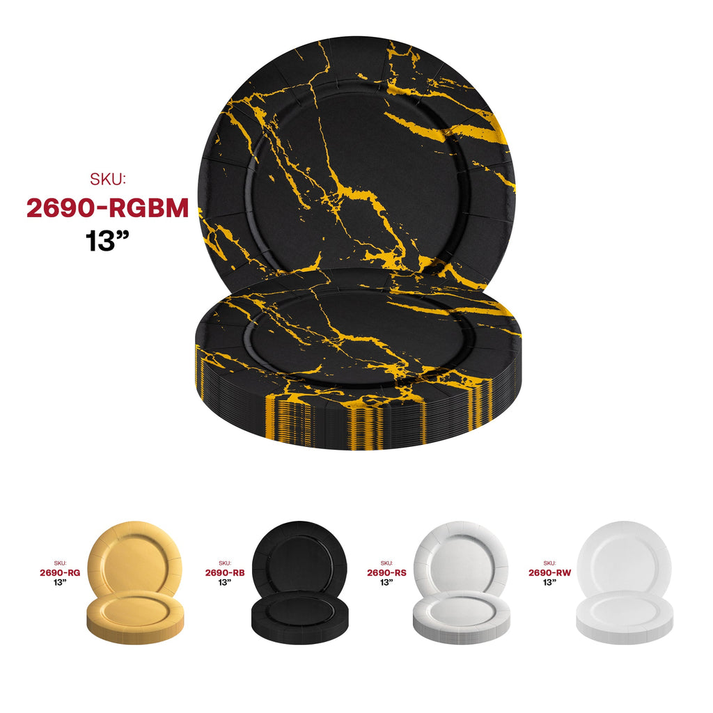 Black with Gold Marble Round Disposable Paper Charger Plates (13")