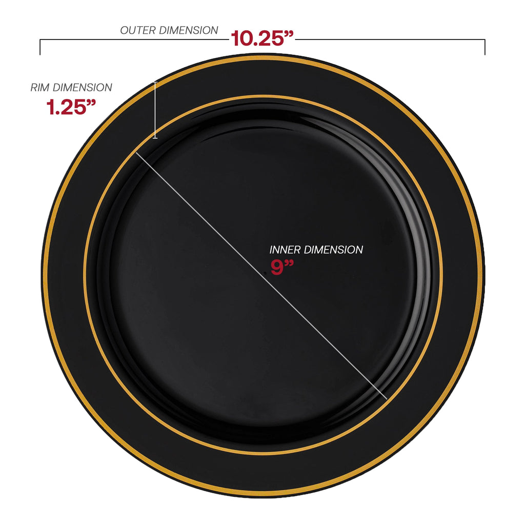 Black with Gold Edge Rim Plastic Dinner Plates (10.25")