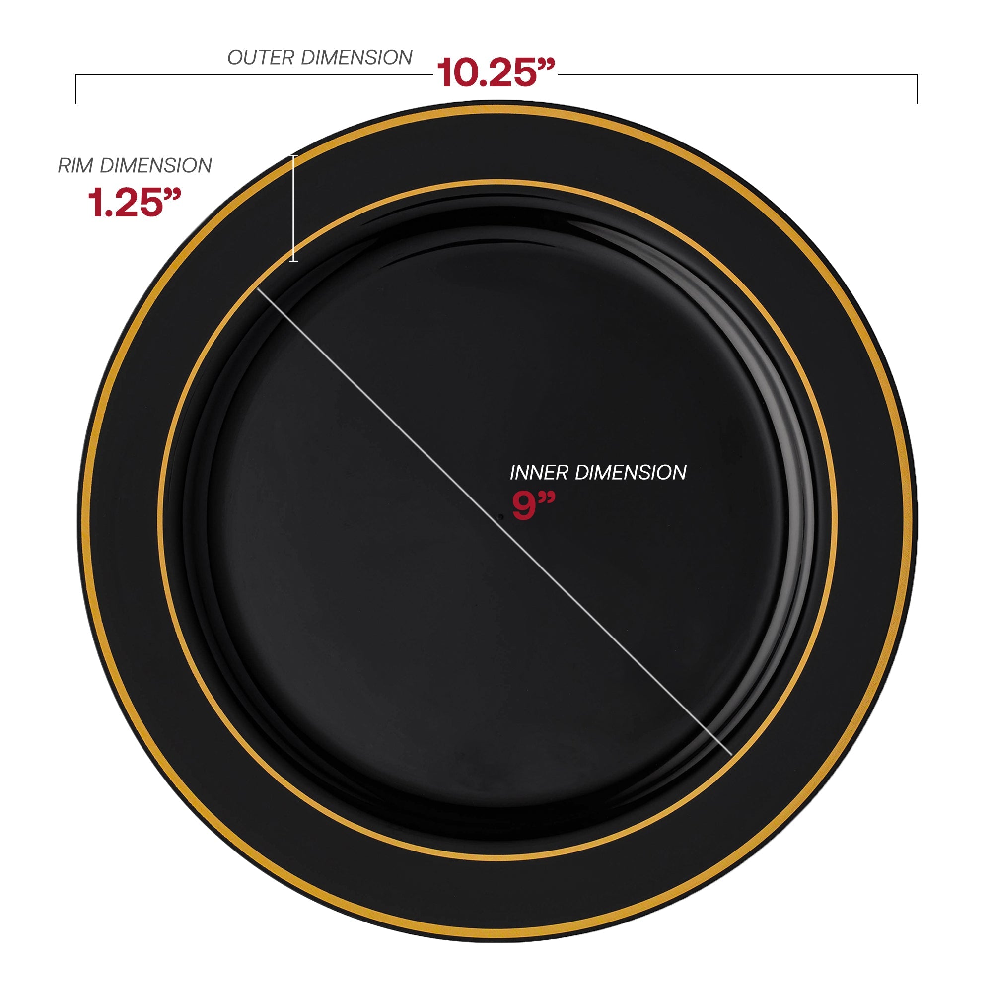 Black with Gold Edge Rim Plastic Dinner Plates (10.25")