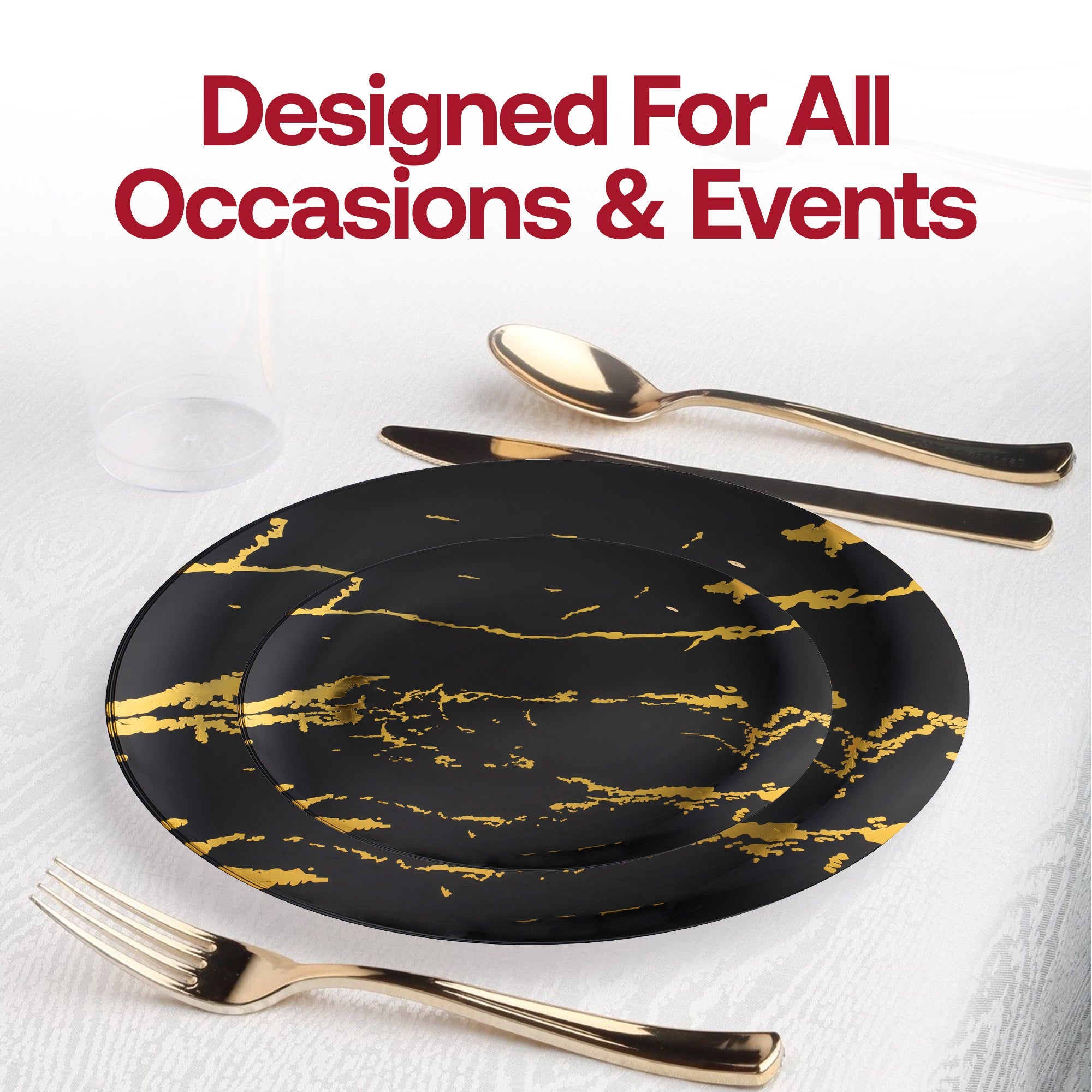 Black with Gold Marble Stroke Round Disposable Plastic Dinner Plates (10.25")
