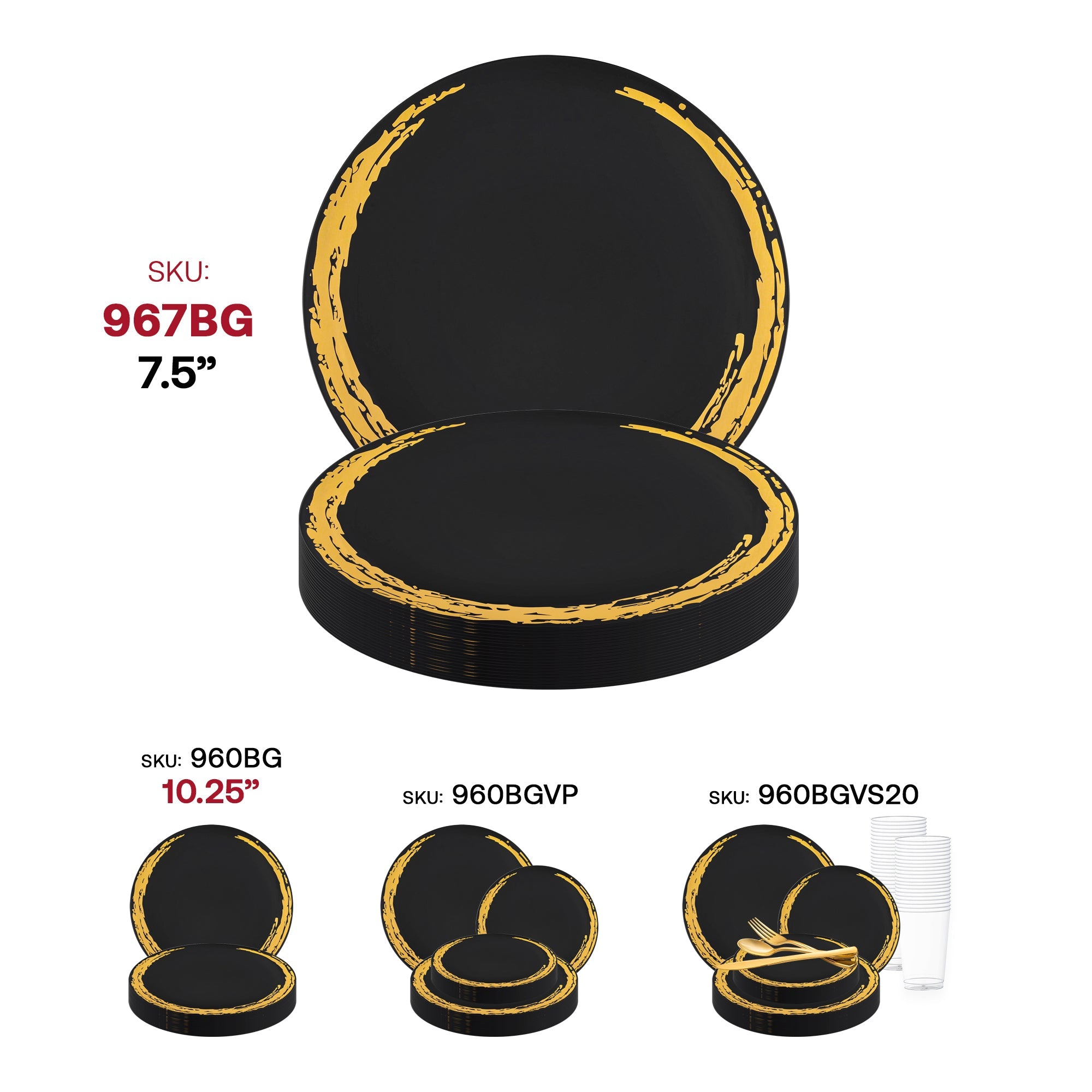 Black with Gold Moonlight Round Disposable Plastic Appetizer/Salad Plates (7.5")