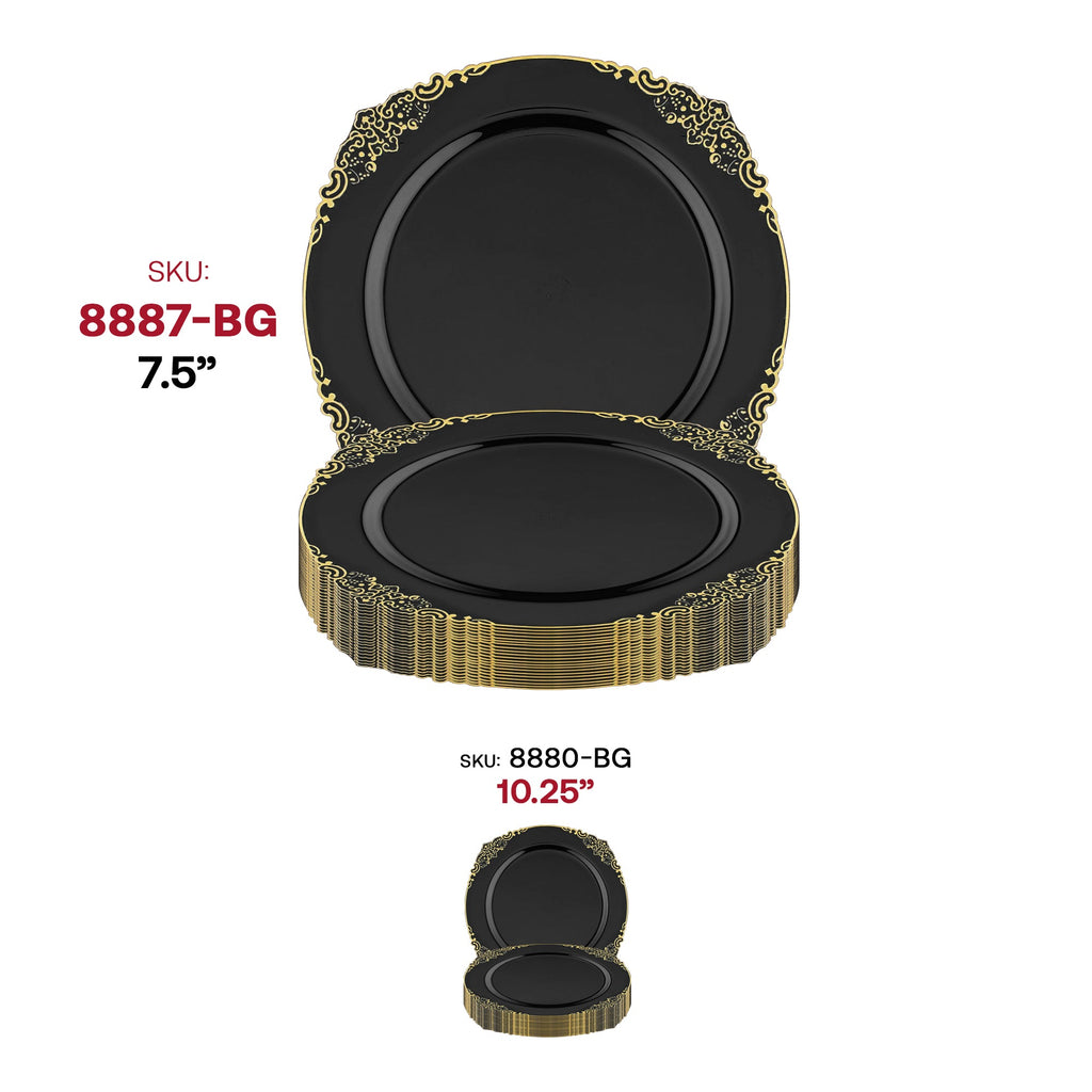Black with Gold Fancy Round Disposable Plastic Salad Plates (7.5”)