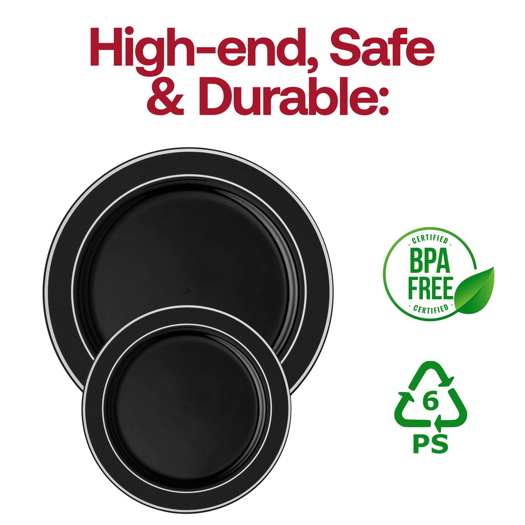 Black with Silver Edge Rim Plastic Appetizer/Salad Plates (7.5")
