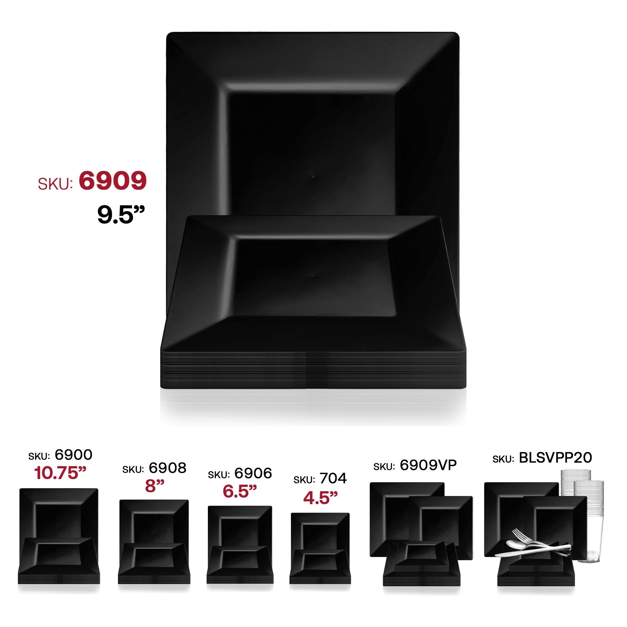 Black Square Plastic Dinner Plates (9.5")