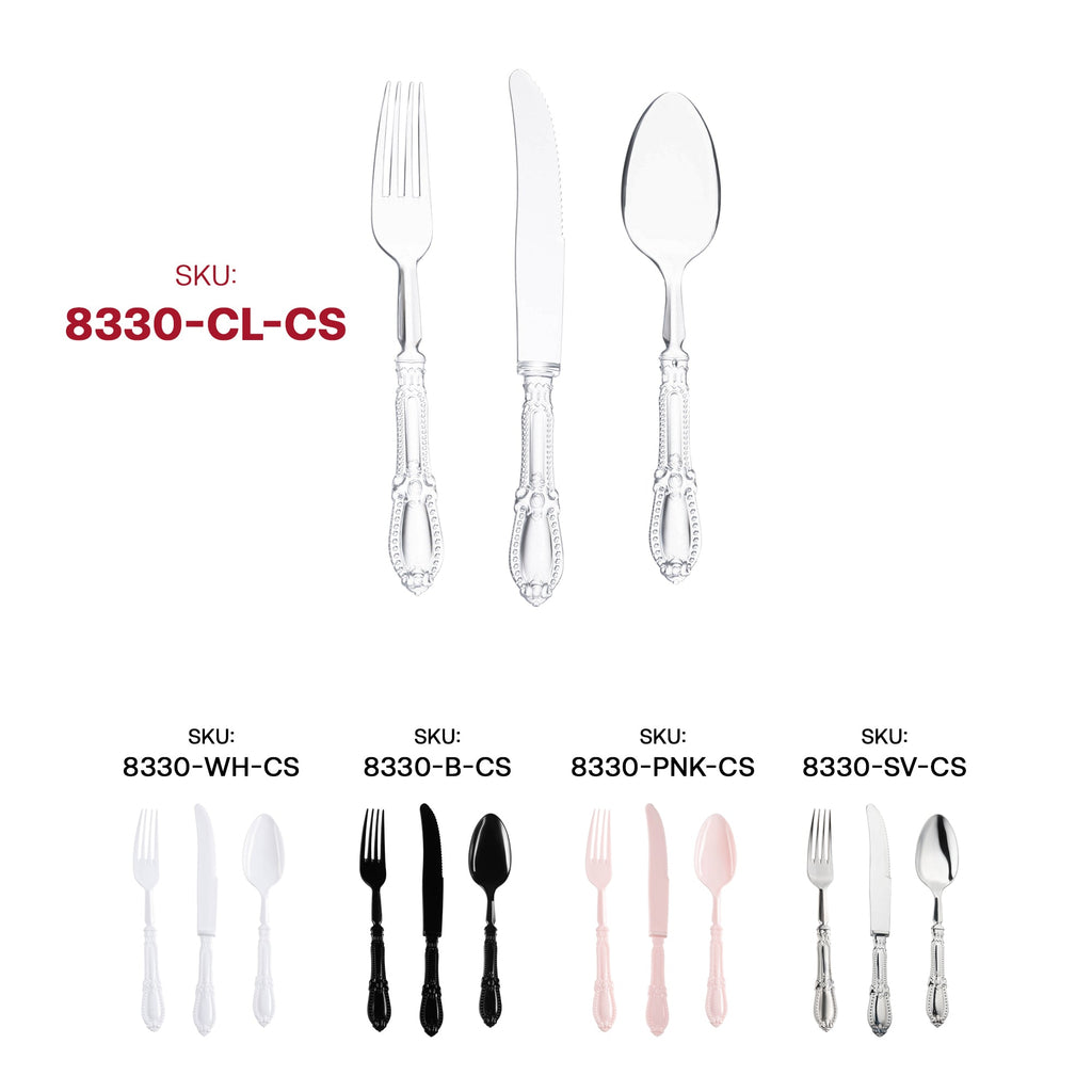Clear Baroque Disposable Plastic Cutlery Set - 20 Spoons, 20 Forks and 20 Knives