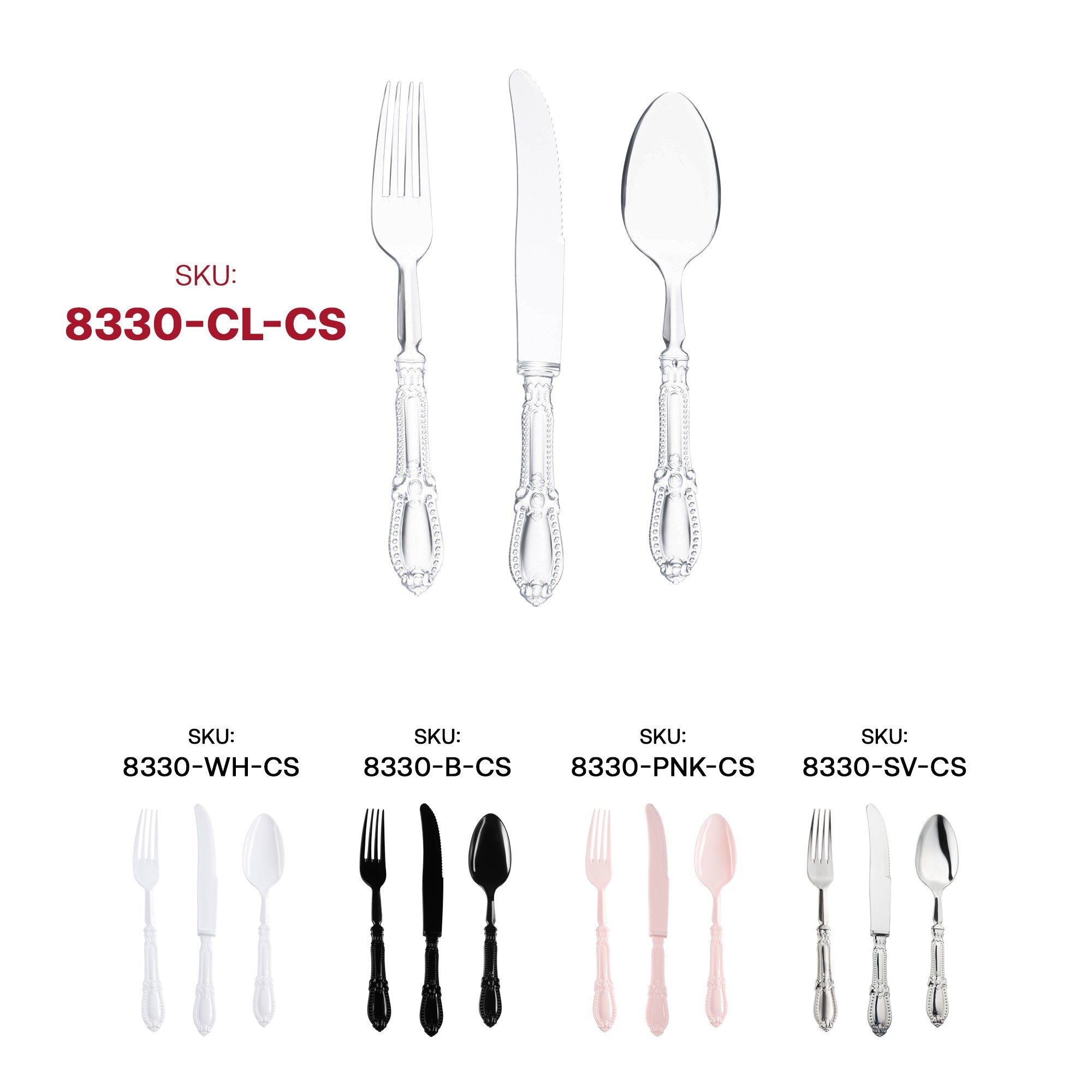 Clear Baroque Disposable Plastic Cutlery Set - 20 Spoons, 20 Forks and 20 Knives