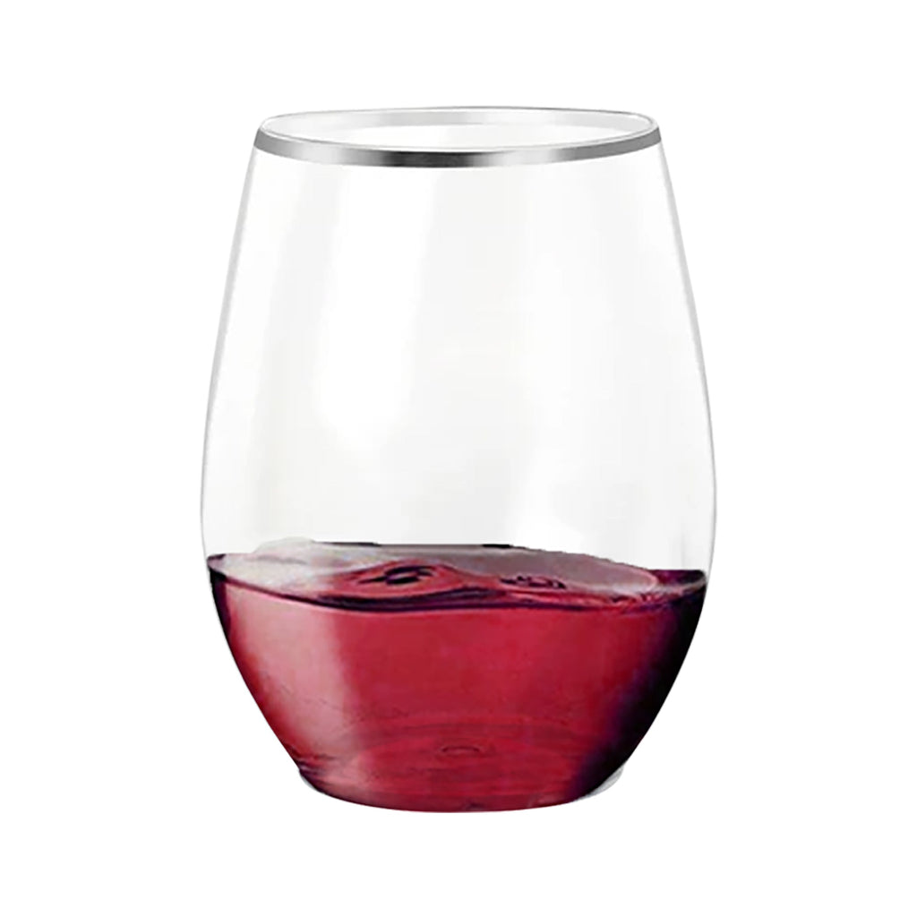 Clear with Silver Elegant Stemless Plastic Wine Glasses (12 oz. )