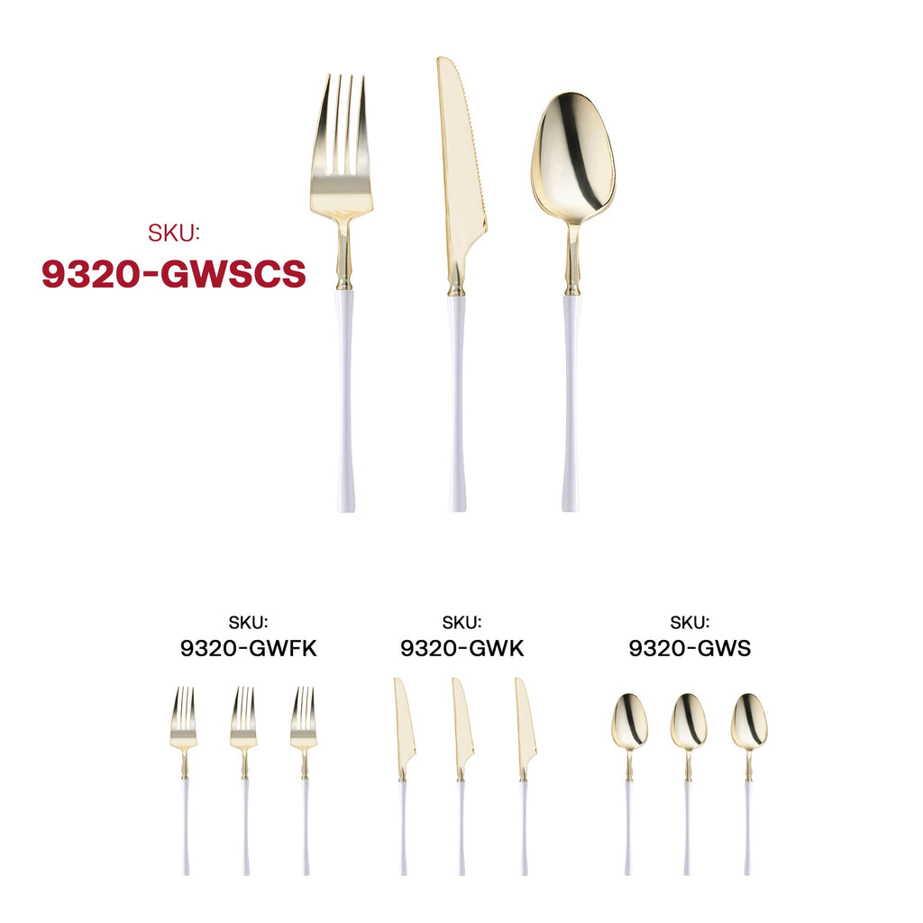 Gold with White Handle Moderno Disposable Plastic Cutlery Set - 20 Spoons, 20 Forks and 20 Knives