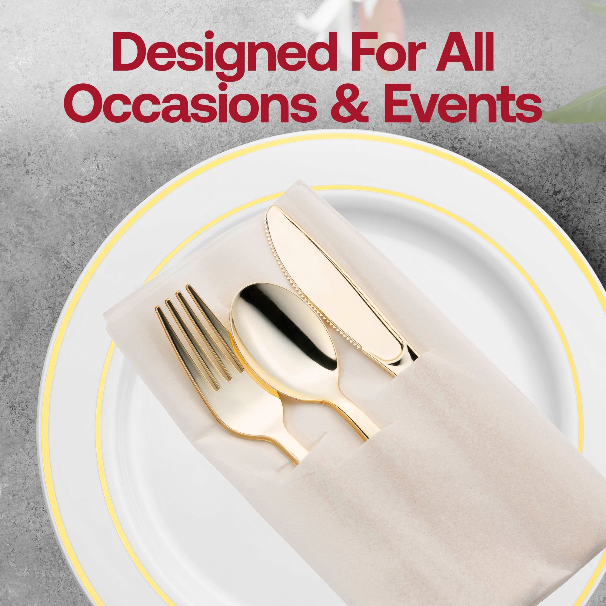 Gold Plastic Cutlery in White Pocket Napkin Set
