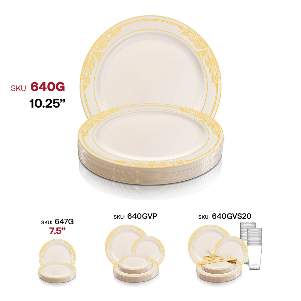 Ivory with Gold Harmony Rim Plastic Dinner Plates (10.25")