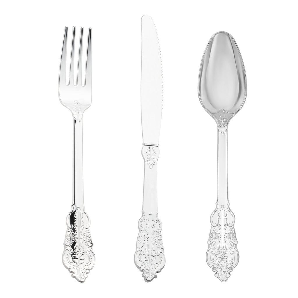 Shiny Metallic Silver Baroque Plastic Cutlery Set