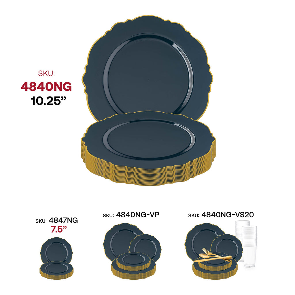 Navy with Gold Rim Round Blossom Disposable Plastic Dinner Plates (10.25")