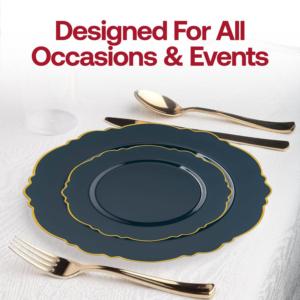 Navy with Gold Rim Round Blossom Disposable Plastic Dinnerware Value Set
