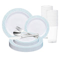 White with Turquoise Blue and Silver Mosaic Rim Round Plastic Wedding Value Set