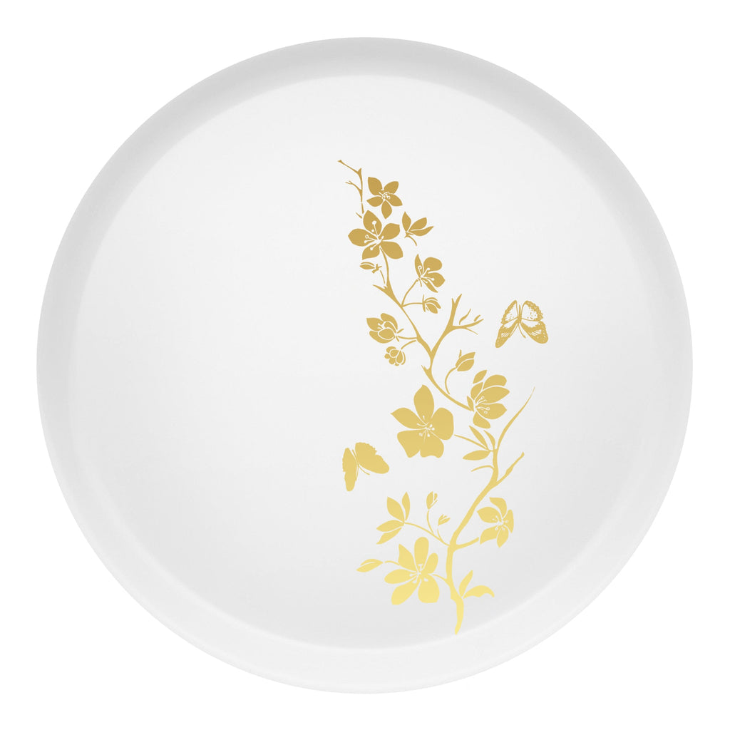 White with Gold Floral Round Plastic Appetizer/Salad Plates (8.5")