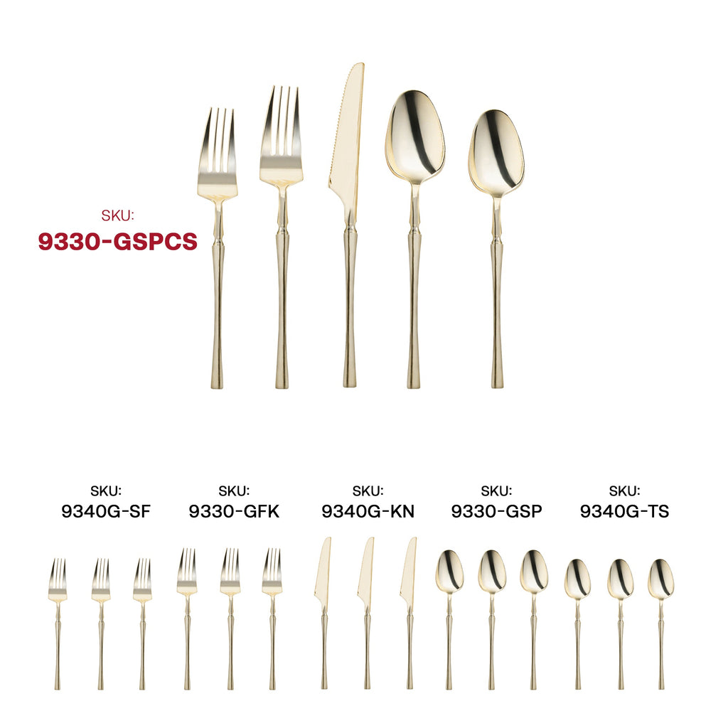 Shiny Gold Moderno Disposable Plastic Cutlery Set - 20 Spoons, 20 Forks, 20 Knives, 20 Dessert Spoons, and 20 Dessert Forks