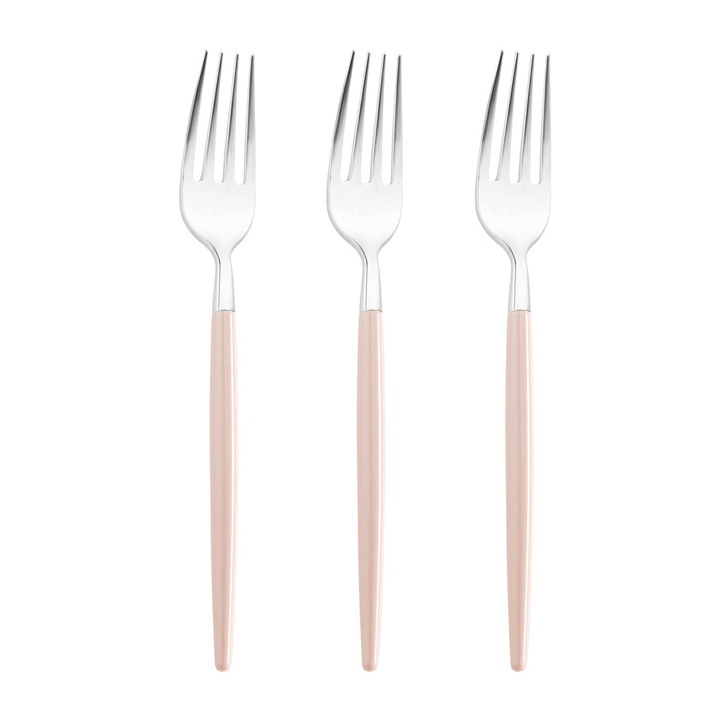 Silver with Pink Handle Moderno Disposable Plastic Dinner Forks
