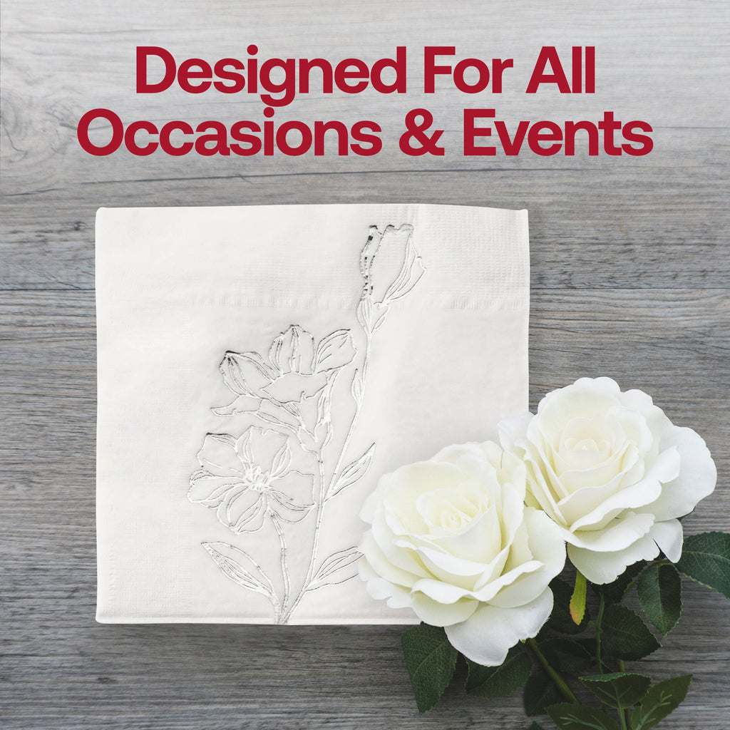 White with Silver Antique Floral Paper Beverage/Cocktail Napkins