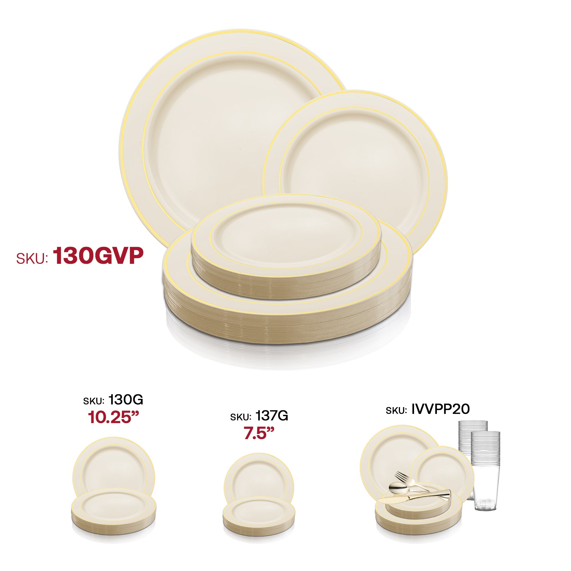 Ivory with Gold Edge Rim Plastic Plates Dinnerware Value Set