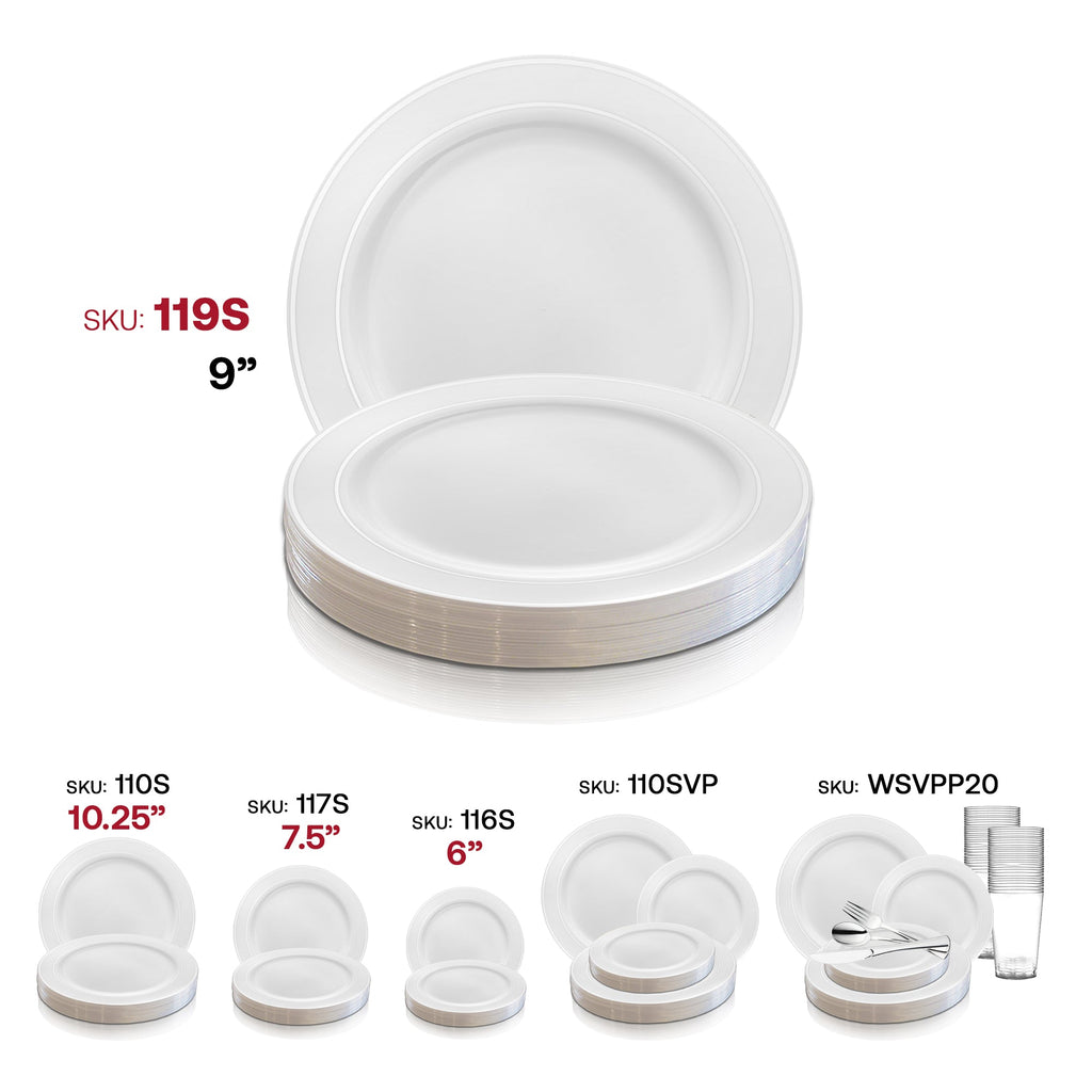 White with Silver Edge Rim Plastic Buffet Plates (9")