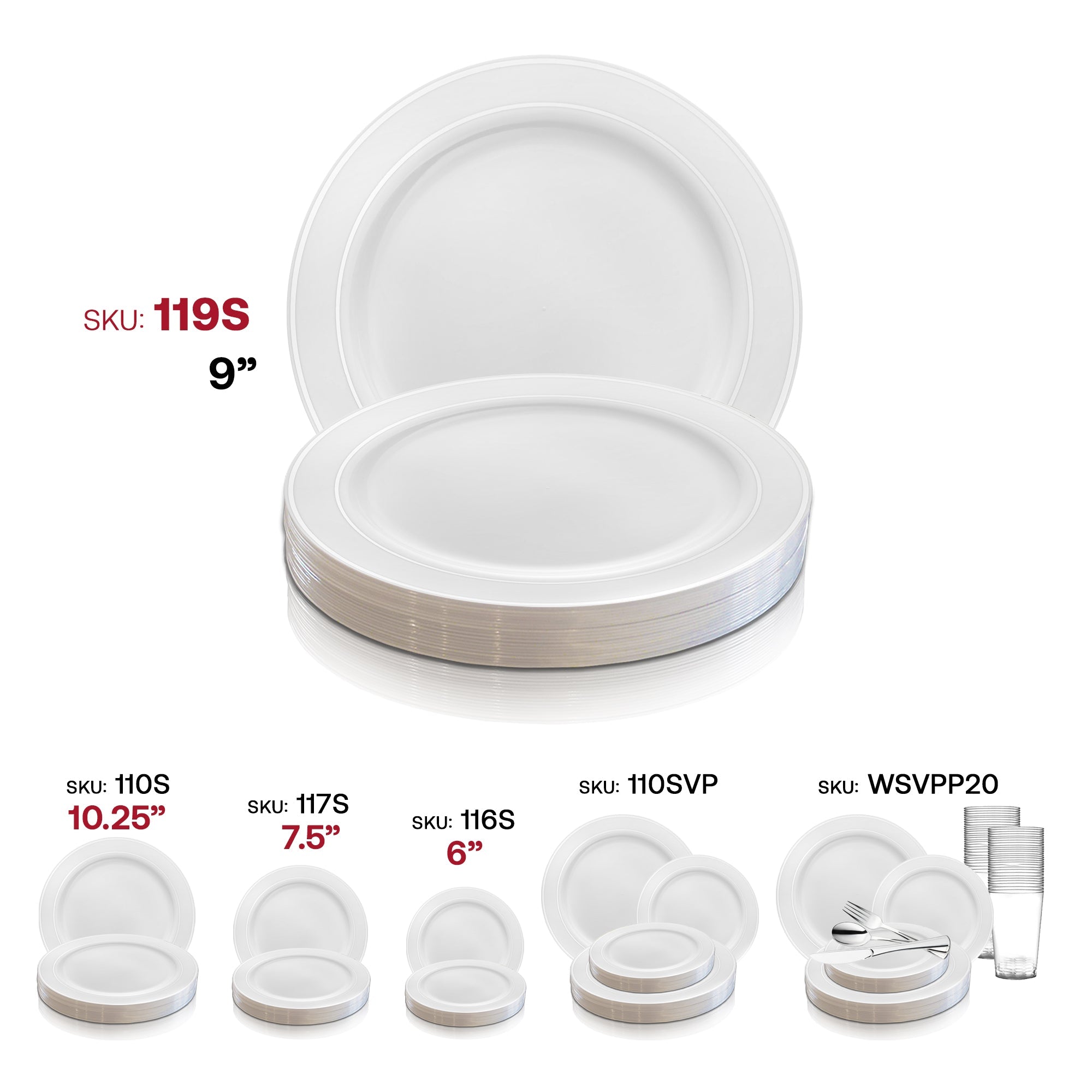 White with Silver Edge Rim Plastic Buffet Plates (9")