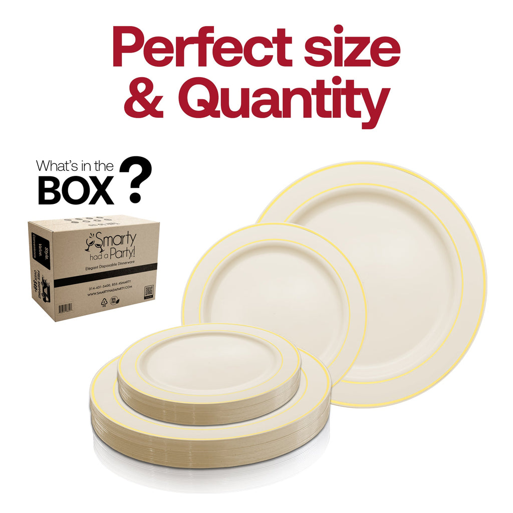 Ivory with Gold Edge Rim Plastic Plates Dinnerware Value Set