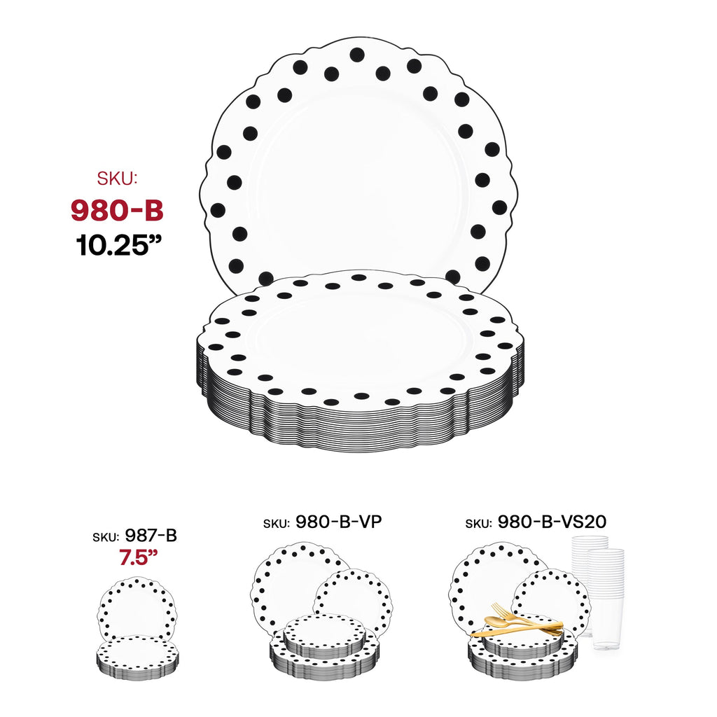 White with Black Dots Round Blossom Disposable Plastic Salad Plates (7.5")