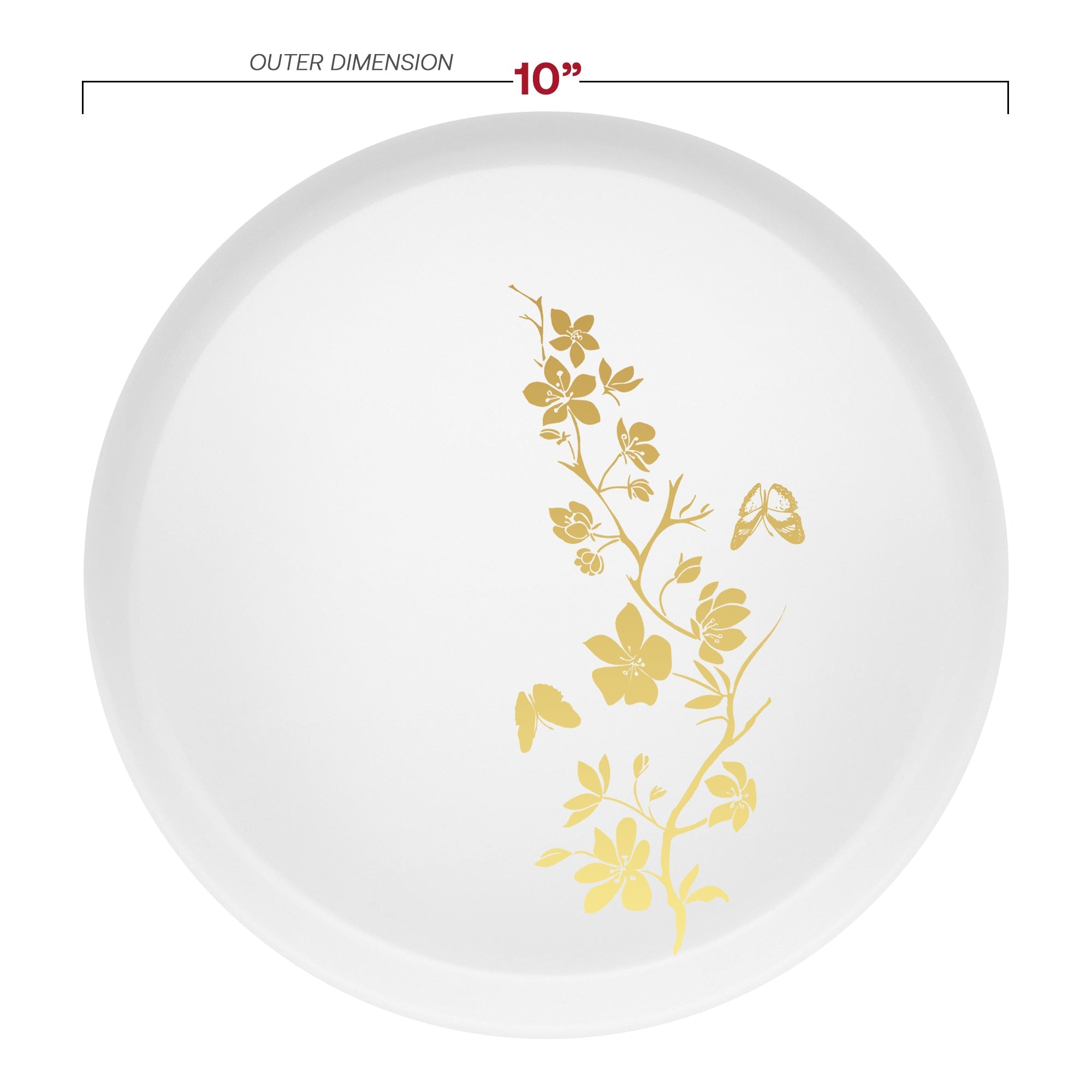 White with Gold Floral Round Plastic Dinner Plates (10")