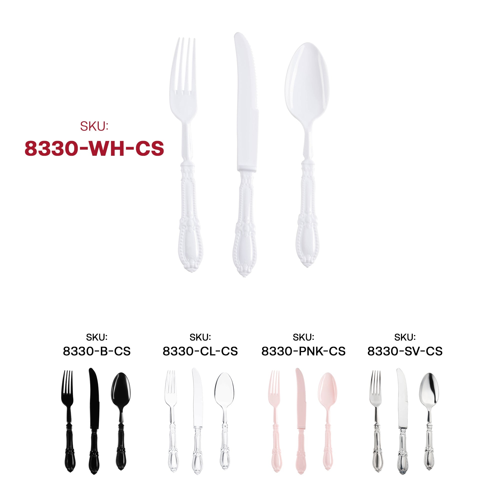 White Baroque Disposable Plastic Cutlery Set - 20 Spoons, 20 Forks and 20 Knives